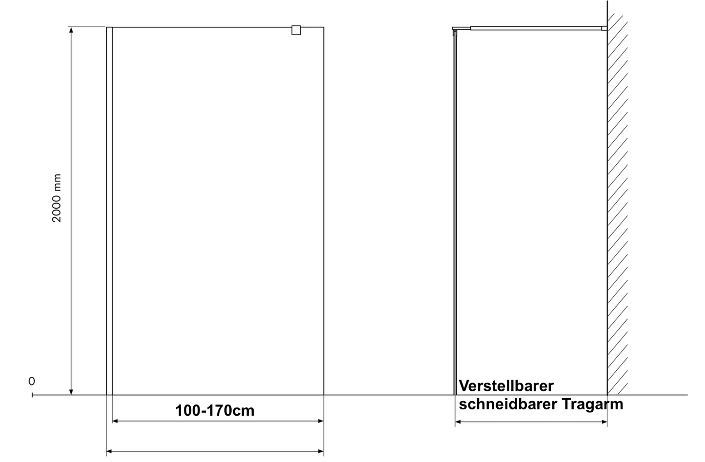 Duschabtrennung Walk-In Dusche mit Nano-Beschichtung Echtglas - 6mm - Komplett-Set schwarze Rahmen und Stange