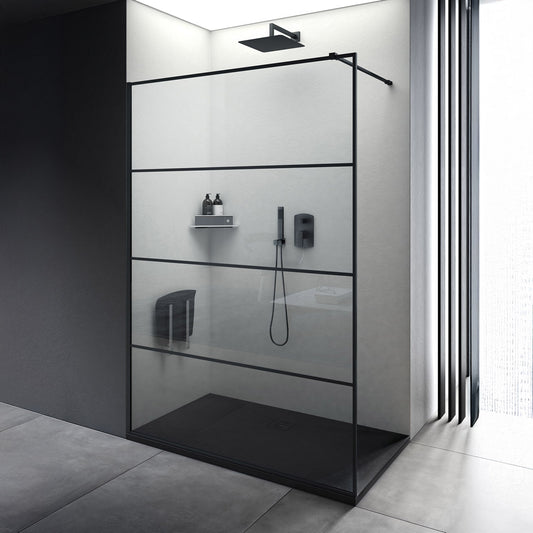 Duschabtrennung  Walk-In Dusche mit Nano-Beschichtung Echtglas  - 6mm - Komplett-Set schwarze Rahmen und Stange
