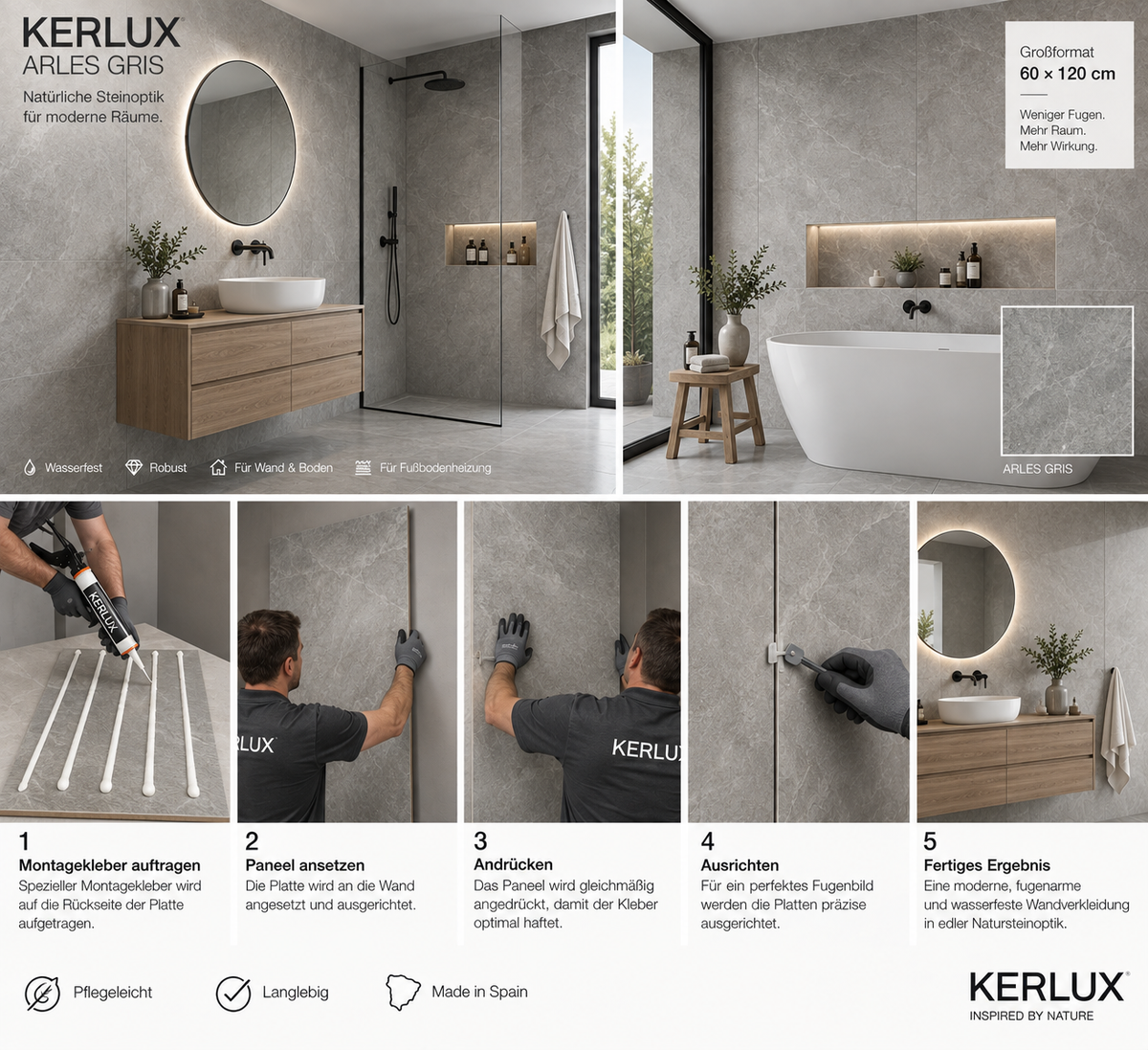 Kerlux SPC-Wandpaneel – Wasserfeste Wandverkleidung fürs Bad in Natursteinoptik 60 × 120 cm