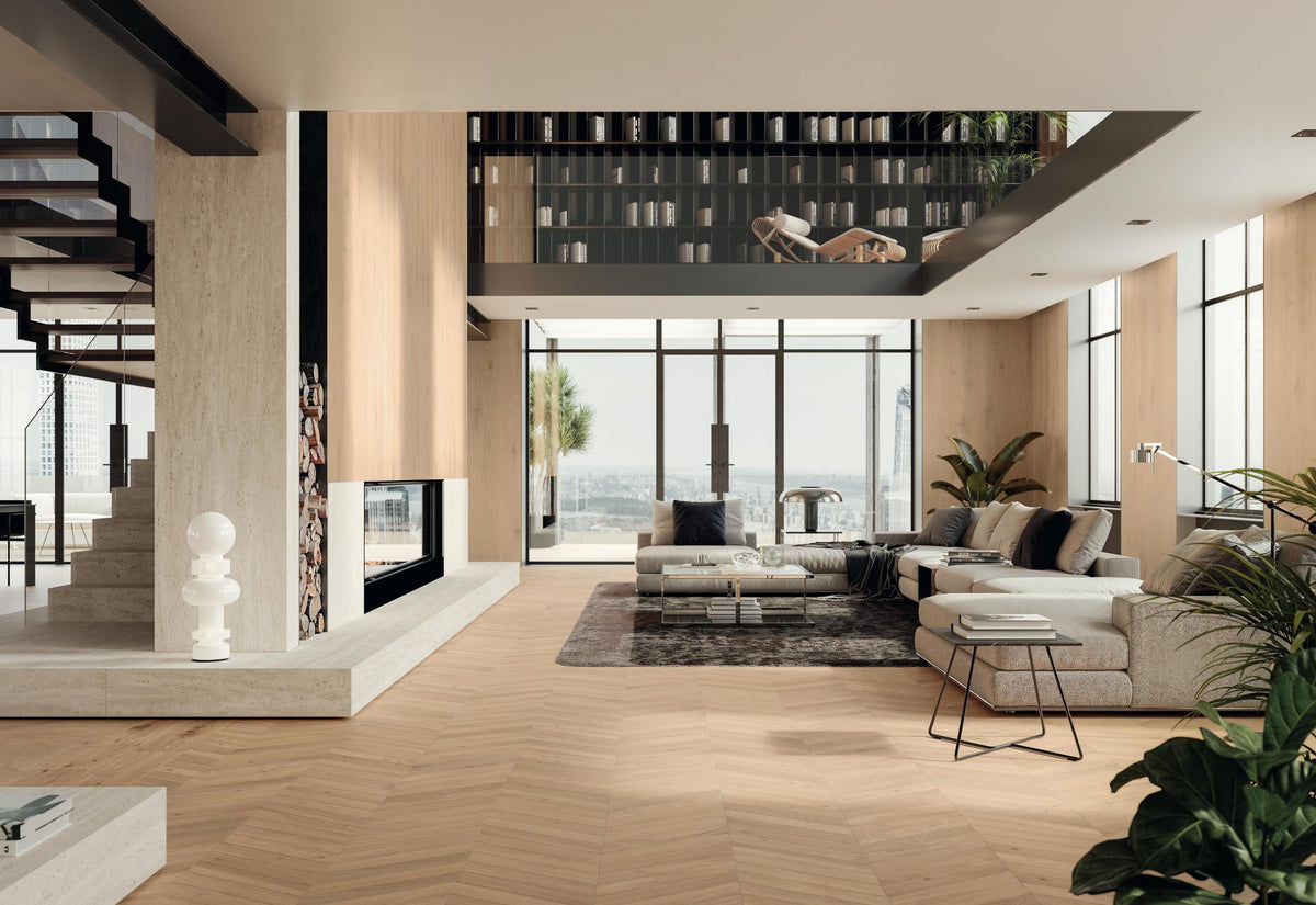 Atlas Concorde LOG Amber Oak Natural – Holzoptikfliesen mit 3D Tatami & Fischgrät-Dekor