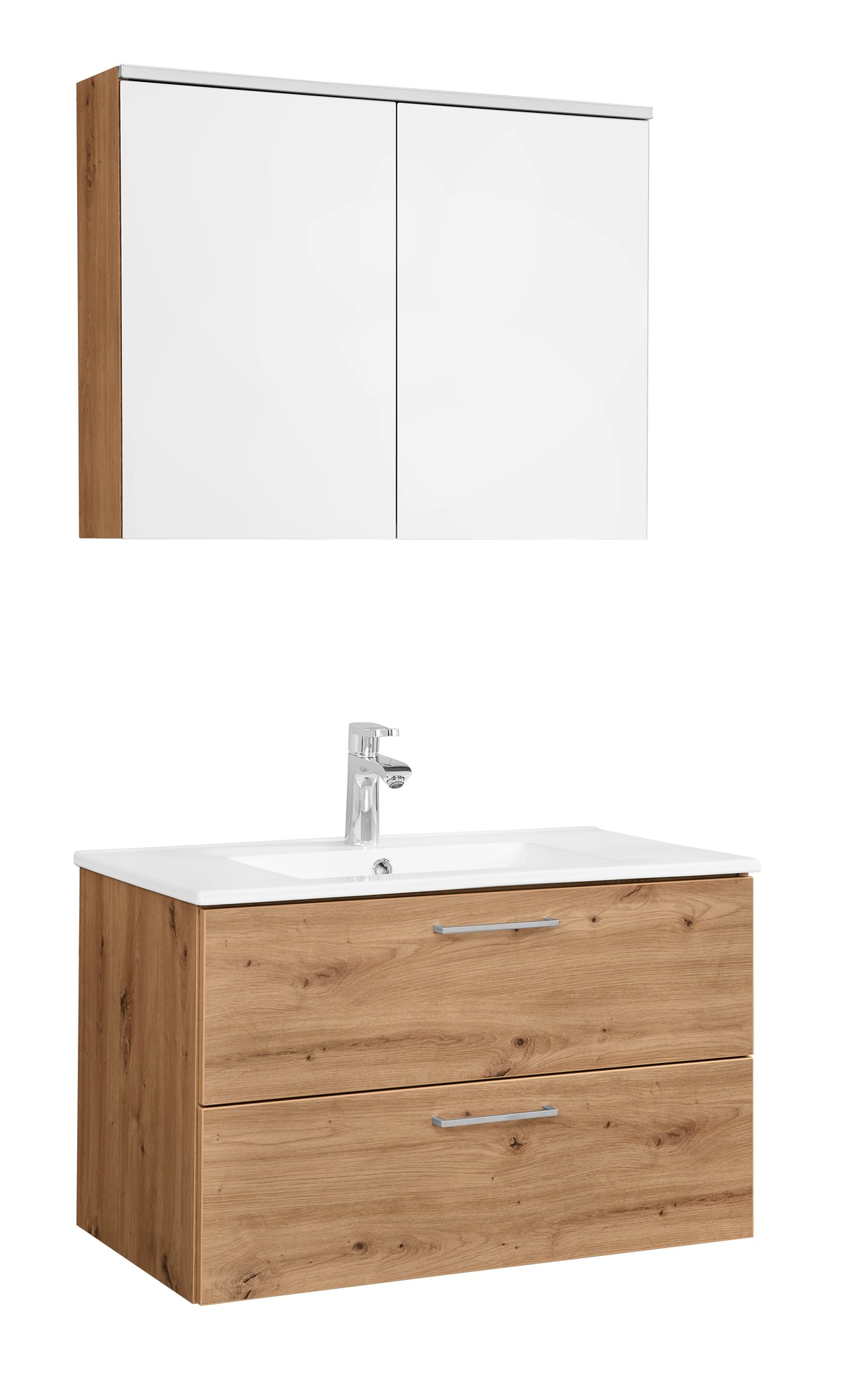 sanibel 1.0 GO Badmöbelset 81 cm breit – Waschtisch, Unterschrank & LED-Spiegelschrank | Wildeiche