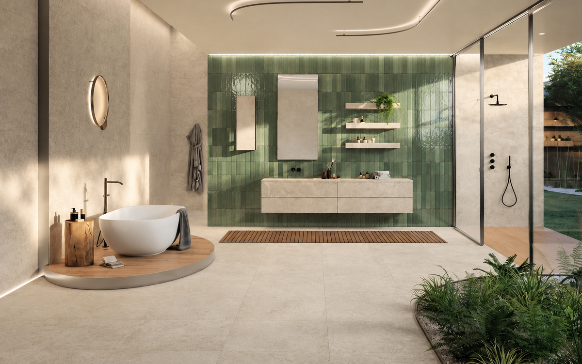 Modernes Badezimmer in warmer Natursteinoptik
