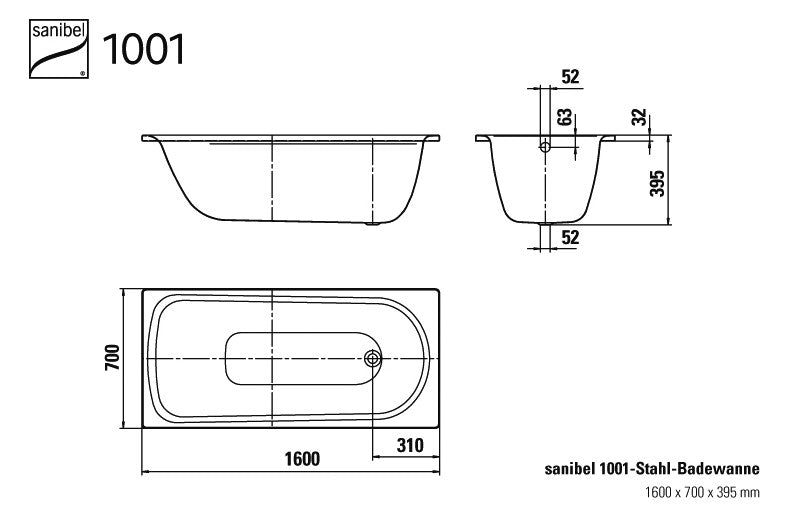 Stahl-Einbau-Badewanne weiß 160x70x39,5cm Sanibel Körperform