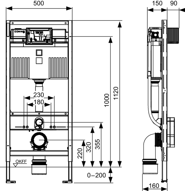 TECEprofil WC-Vorwandelement 112 cm – mit Uni-Unterputzspülkasten